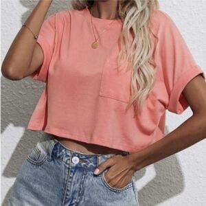 NWOT SHEIN Coral Pink Boxy Crop Tee Short Sleeve Pocket Front Size Small